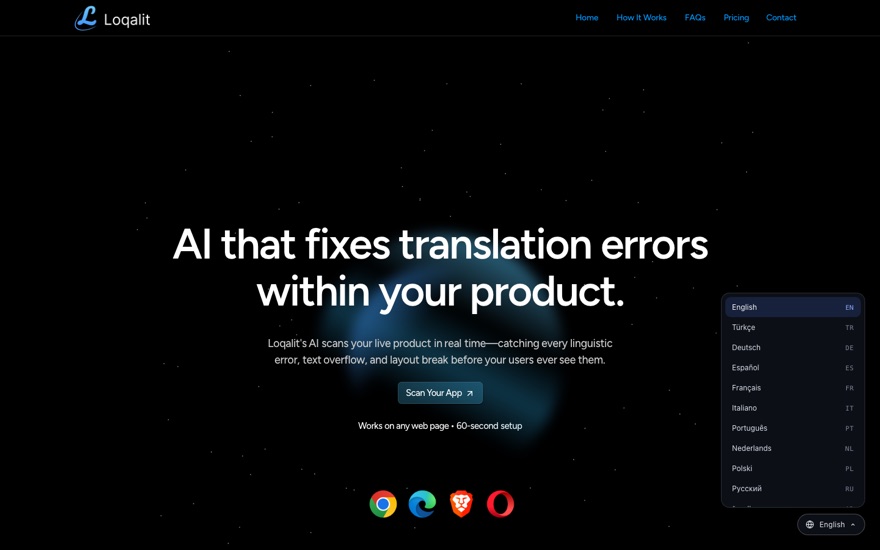 The same website in English with the language picker open, listing sixteen languages